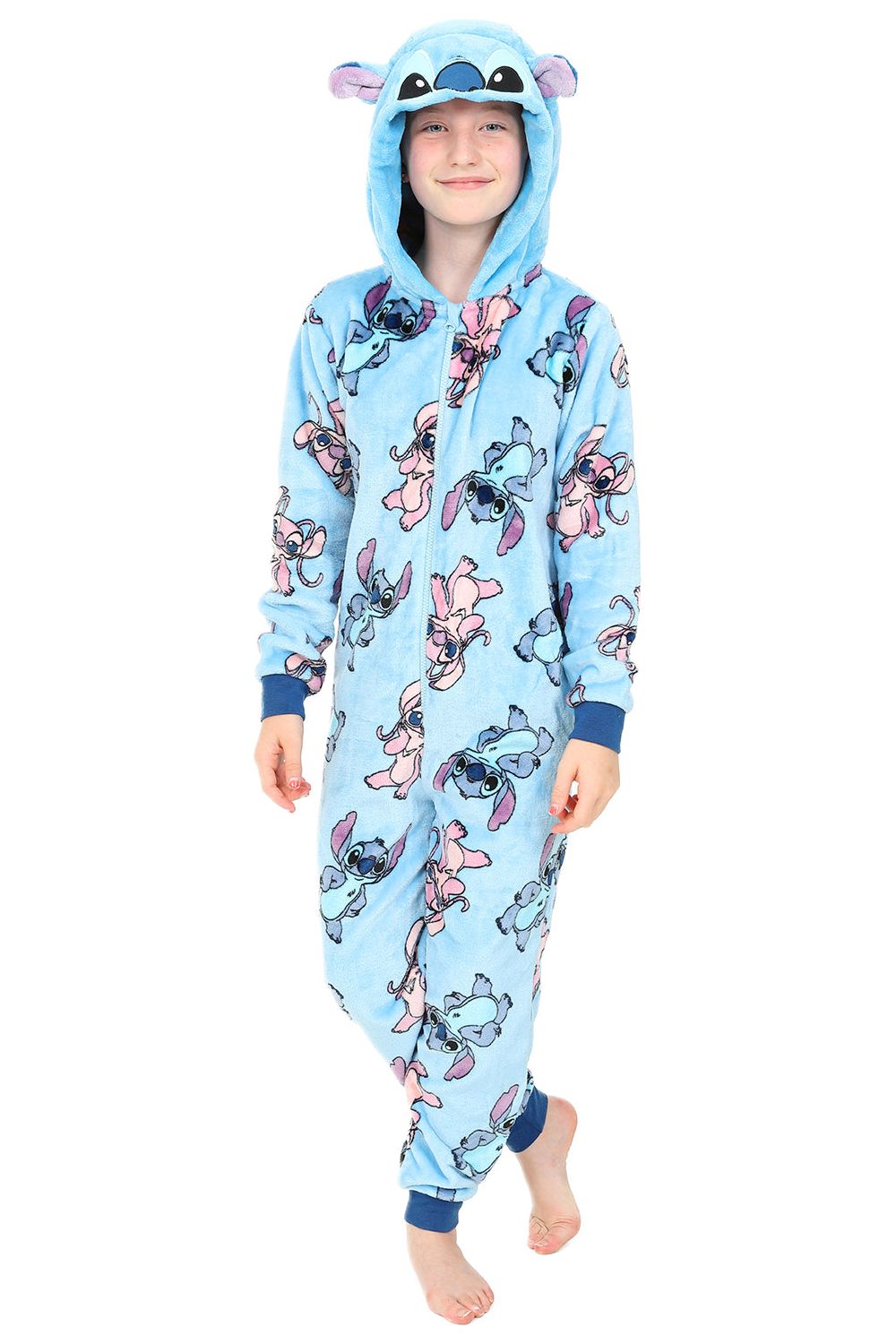 Girls Disney Stitch Angel Blue Fleece Sleepsuit Kids All in One