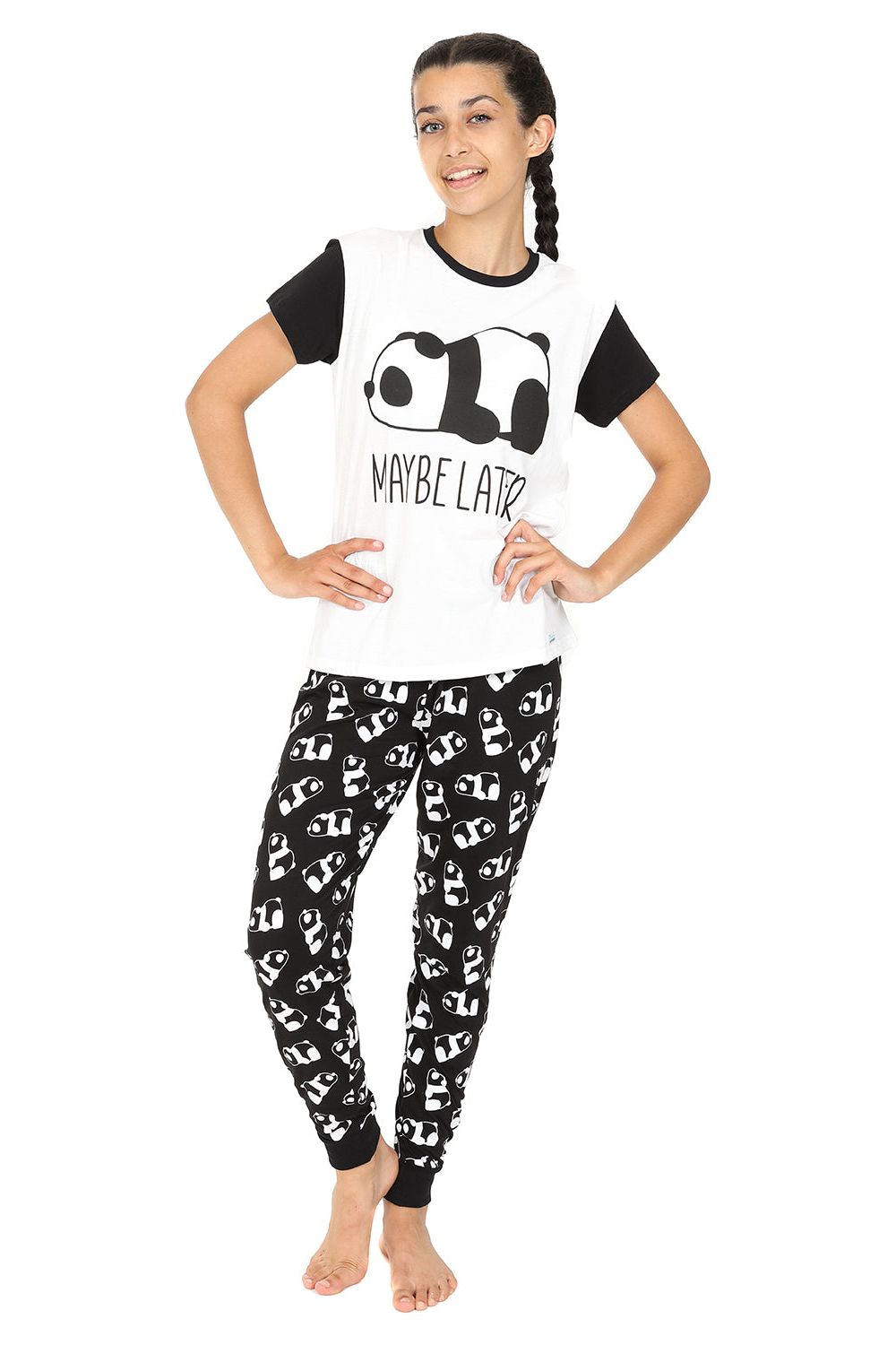 Girls Panda Maybe Later Pyjamas White Long PJs - Main Image