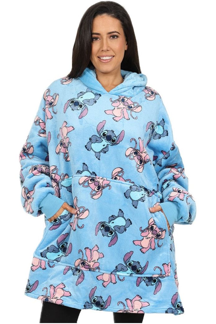 Women's Disney Stitch And Angel Oversized Fleece Blanket Hoodie One Si