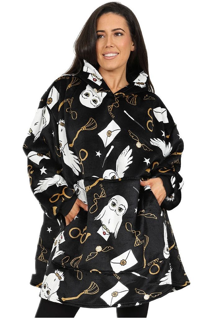 Womens Harry Potter Hedwig Black Oversized Fleece Hoodie