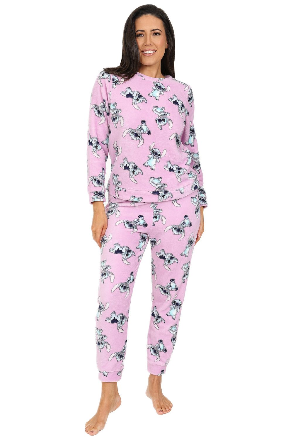 Womens Disney Lilo and Stitch Pyjamas Pink Fleece Long PJs