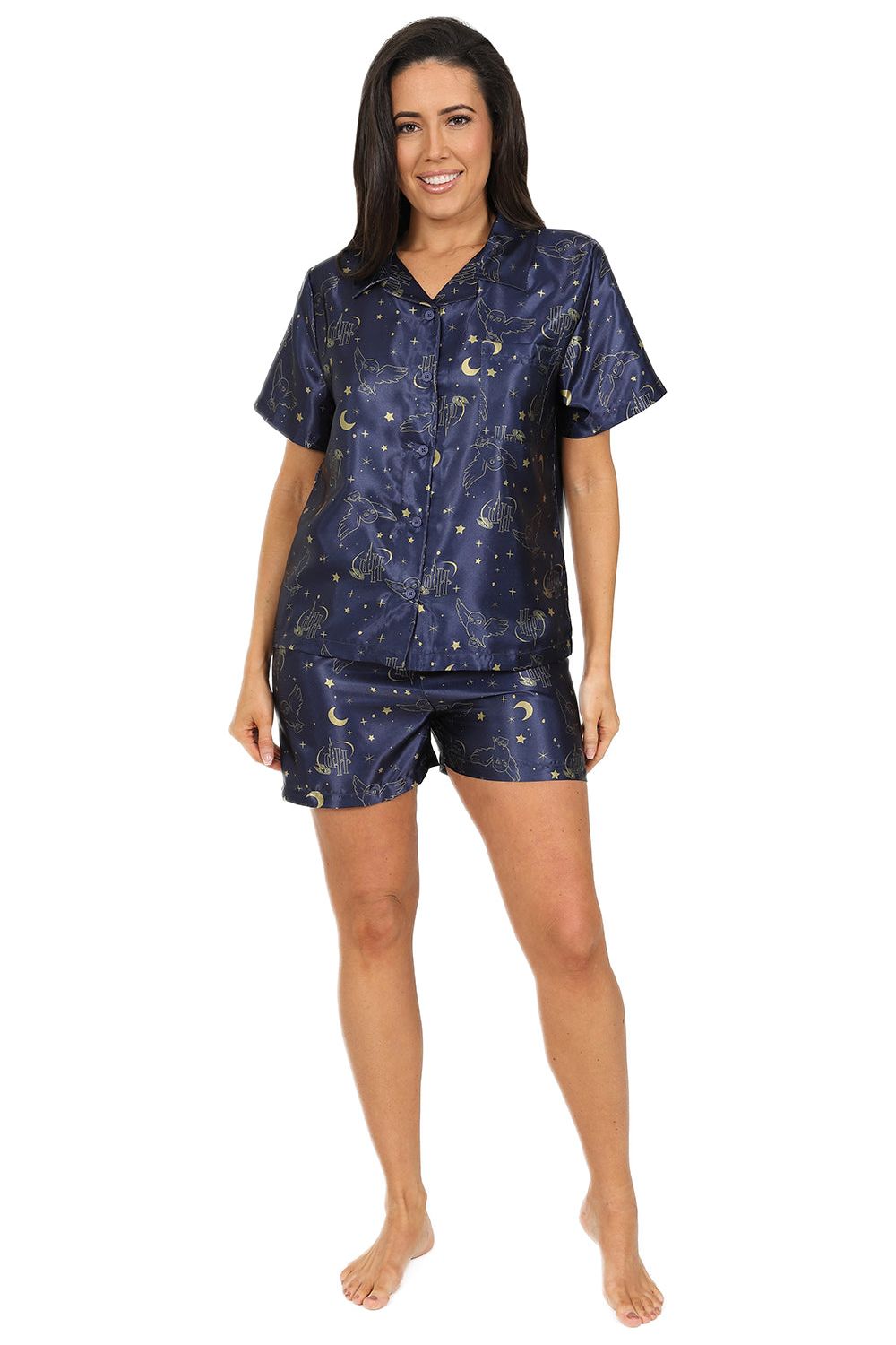 Womens Harry Potter Hedwig Pyjamas Navy Satin Short PJs