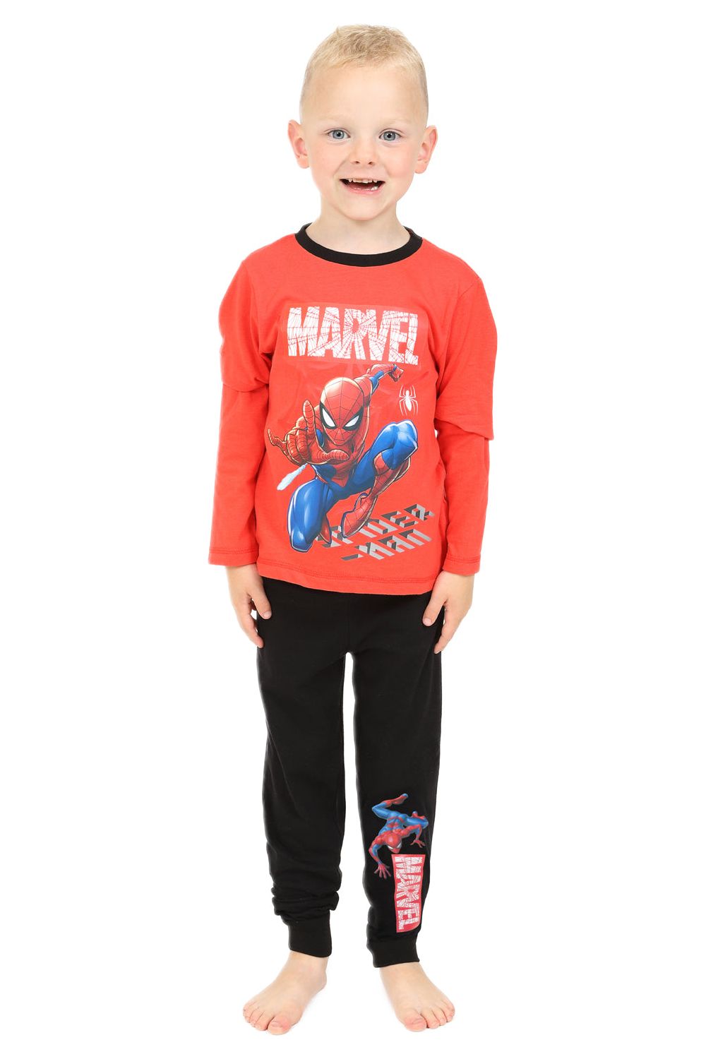 Boys Official Marvel Spiderman Long Pyjamas Red and Black