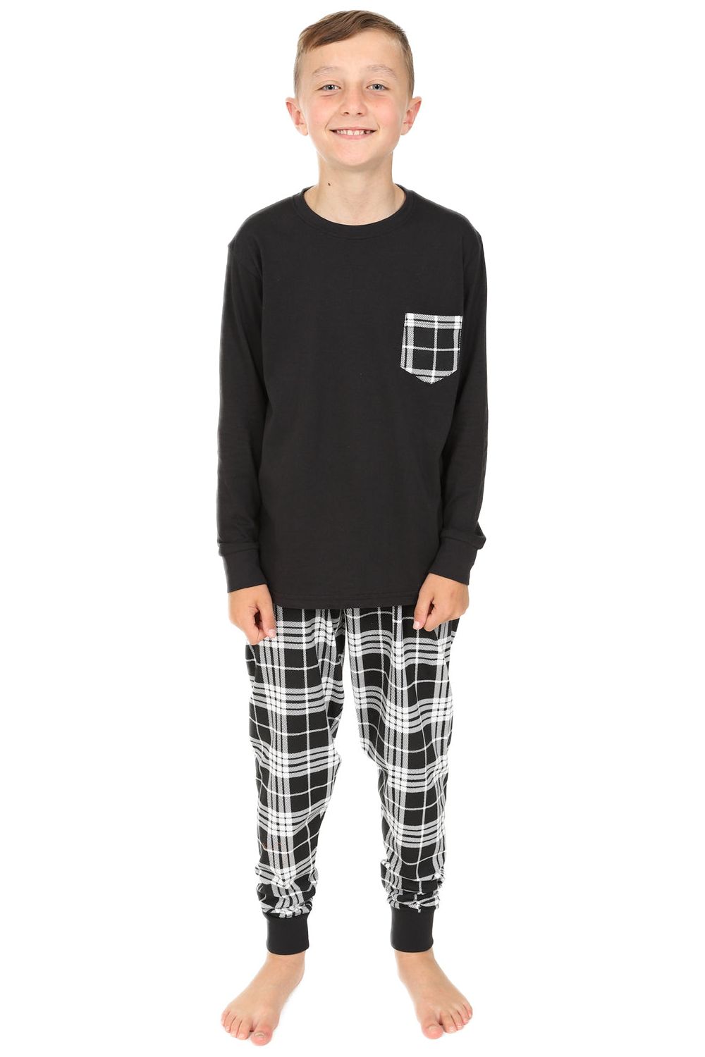 Boys Black and White Check Pyjamas Black and White Long PJs