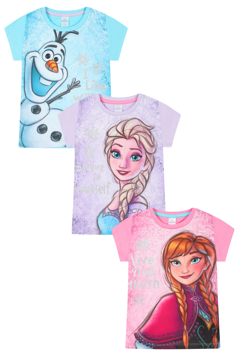 Disney Frozen 3 Pack Girls T-Shirts Elsa, Anna, Olaf Kids Multipack