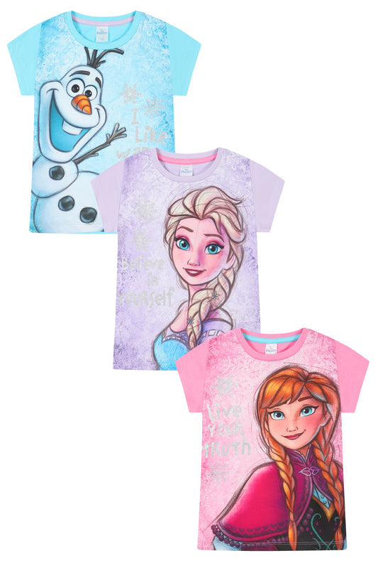 Disney Frozen 3 Pack Girls T-Shirts Elsa, Anna, Olaf Kids Multipack