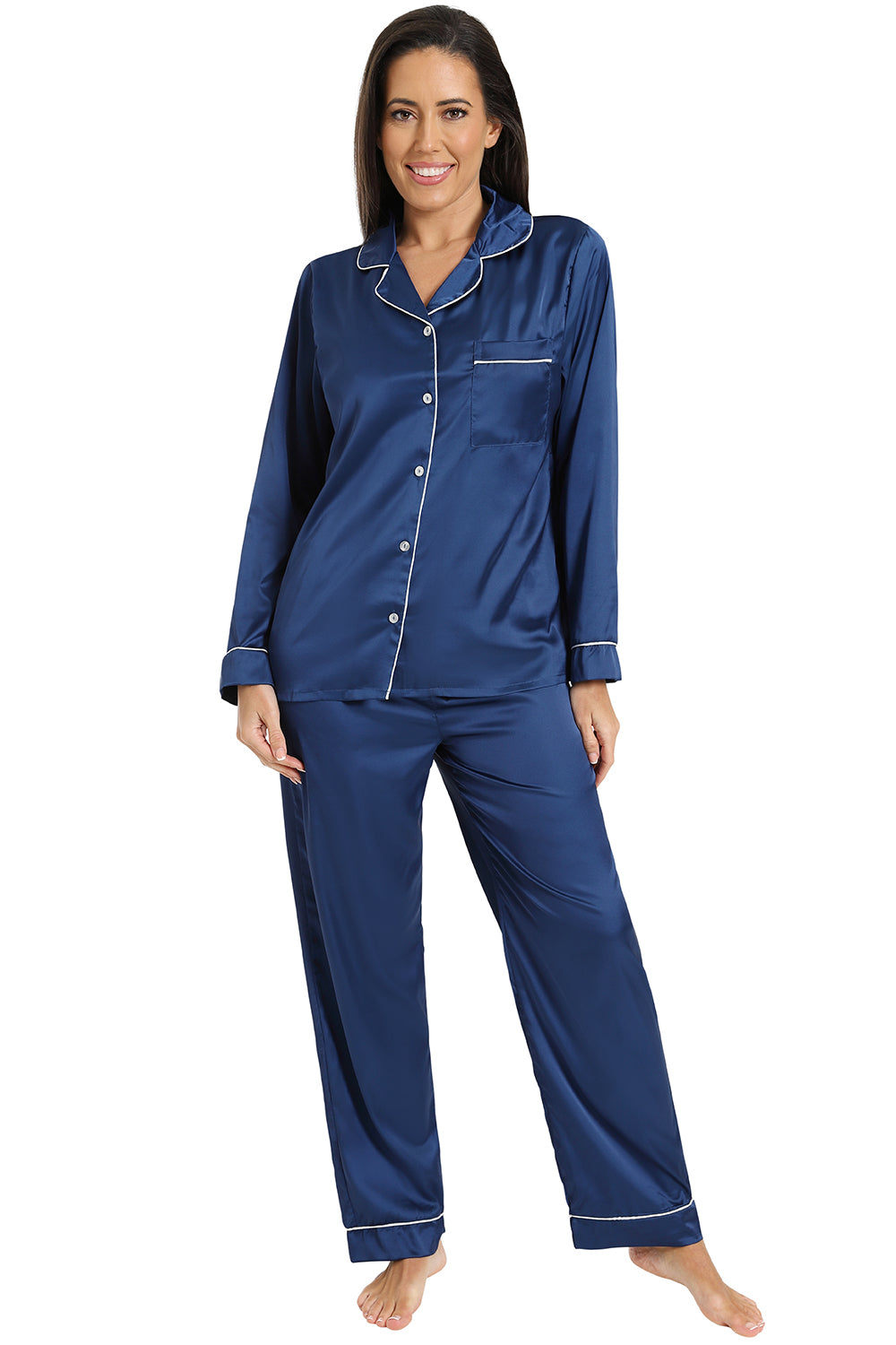 Womens Navy Blue Satin Pyjamas Two Piece Long PJs
