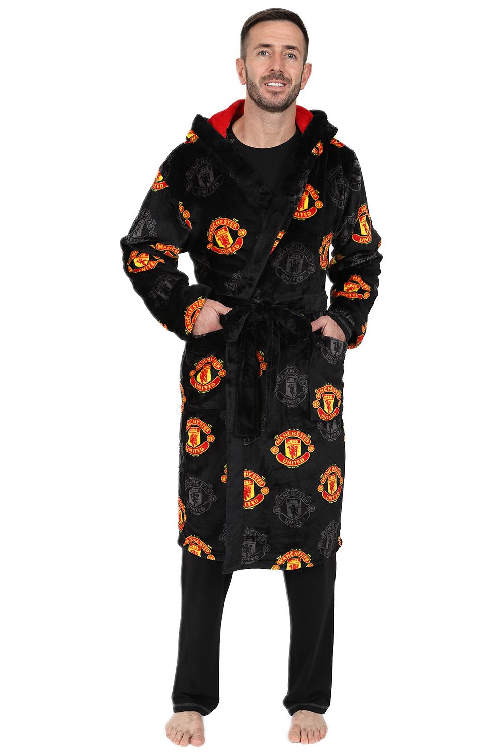 Mens Manchester United FC Official Dressing Gown Fleece Hooded Man UTD Mens Manchester United FC Official Dressing Gown Fleece Hooded Man UTD