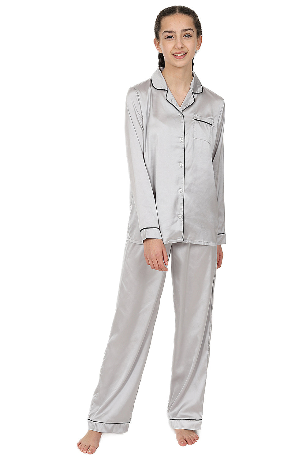 Girls Silver Satin Pyjamas Two Piece Long PJs - Main Image