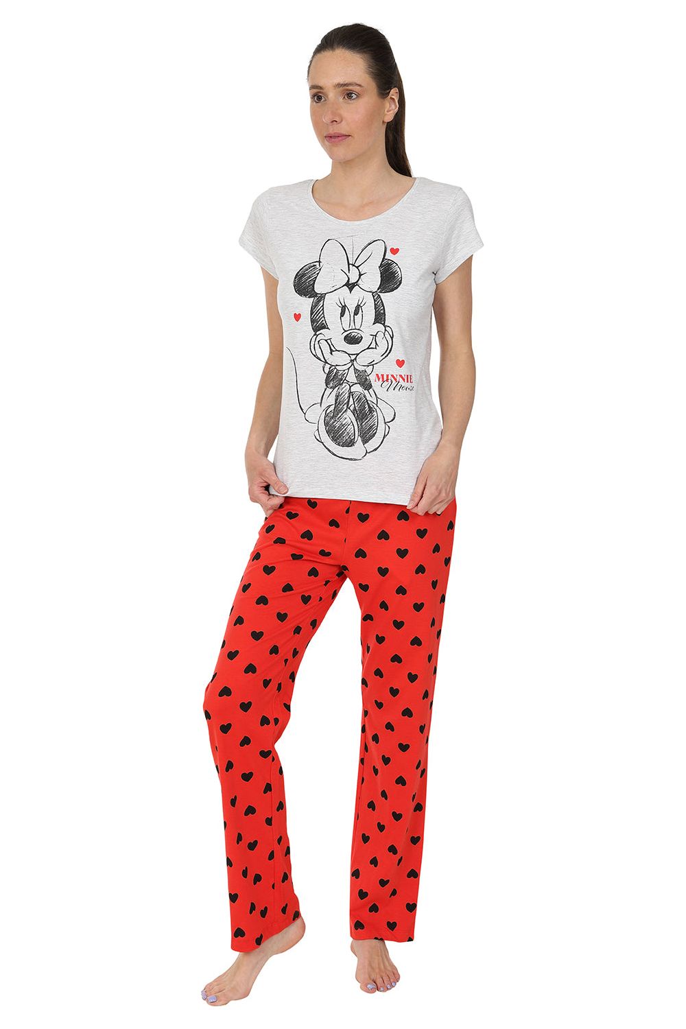 Womens Disney Minnie Mouse Heart Pyjamas Red and White Long PJs