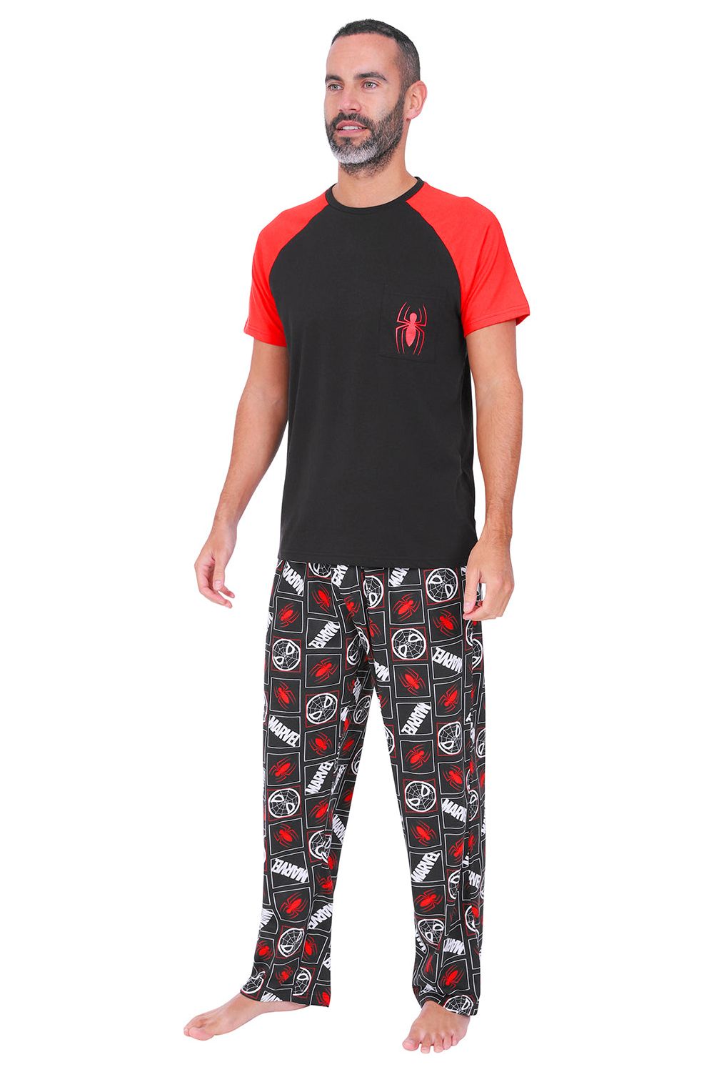 Mens Marvel Spiderman Pocket Character Pyjamas Black and Red Long PJs