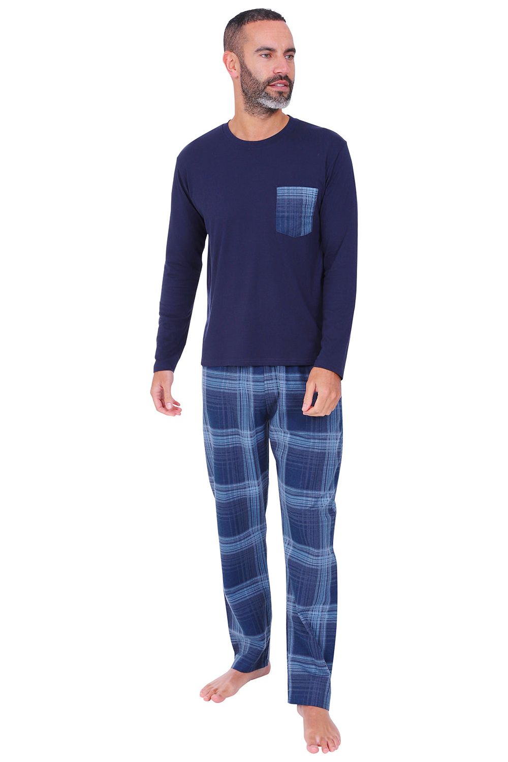 Mens Navy Check Pyjamas Long PJs