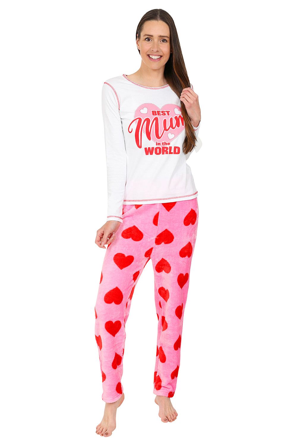Womens 'Best Mum In the World' Fleece Heart Pyjamas White and Pink Lon