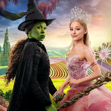 Elphaba and Glinda from the movie Wicked in a Fantasy background