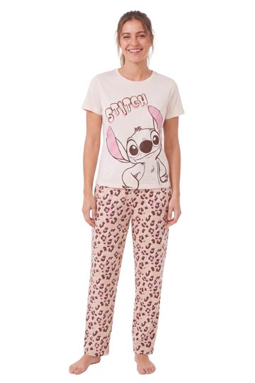 Disney Women's Lilo and Stitch Leopard Print Beige Long Pyjamas