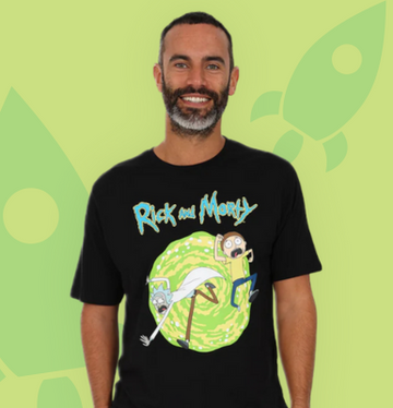 A man wearing a Rick & Morty Pyjama Set on a green background