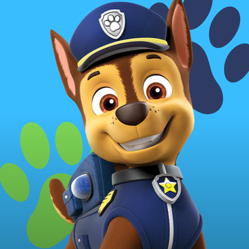 Cartoon dog character in a police uniform with paw prints on a blue background