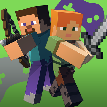 Steve and Alex from Minecraft holding a sword and a bow and arrow