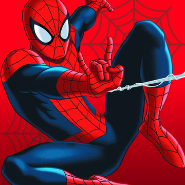 Spiderman swinging on a red background with spiderwebs