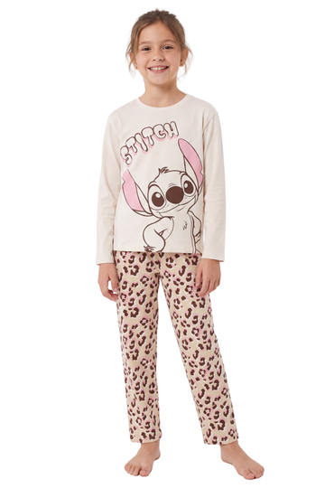 Disney Girls Lilo and Stitch Leopard Print Beige Long Pyjamas