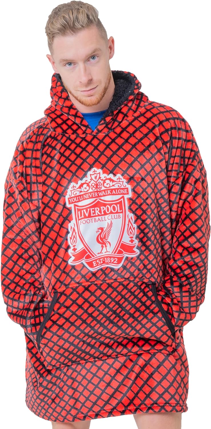 Liverpool FC Crest Mens Oversized fleece Hoodie Red And Black Check