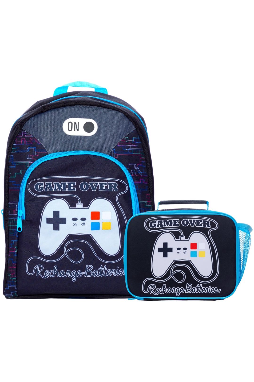Game Over Recharge School Bag And Lunch bag 2 Piece, Kids Boys Gamer Backpack