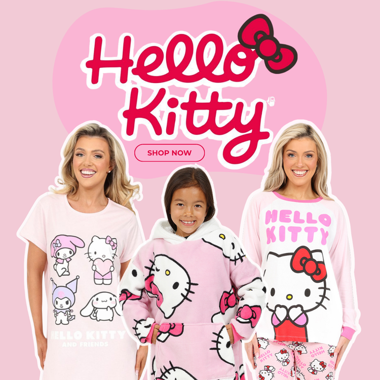 Three people wearing Hello Kitty-themed clothing on a pink background with 'Hello Kitty' branding.