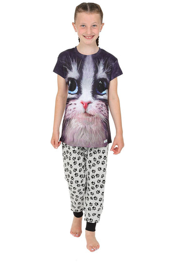 Girls Cat Paw Print Long Pyjamas