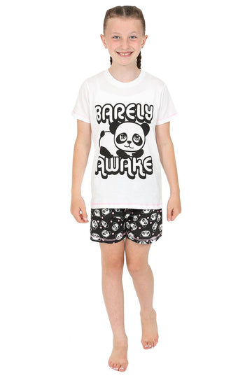 Girls Panda 'Barely Awake' Short Cotton Pyjamas