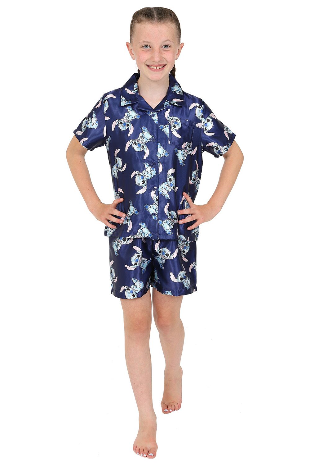 Girls Disney Lilo and Stitch Short Navy Satin Silk Pyjama Set