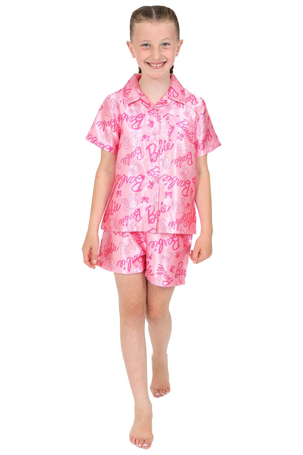 Girls Barbie Pyjamas Pink Satin Short PJs