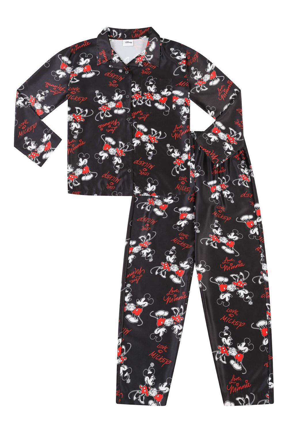 Womens Disney Mickey And Minnie Mouse Pyjamas Black Satin Long PJs
