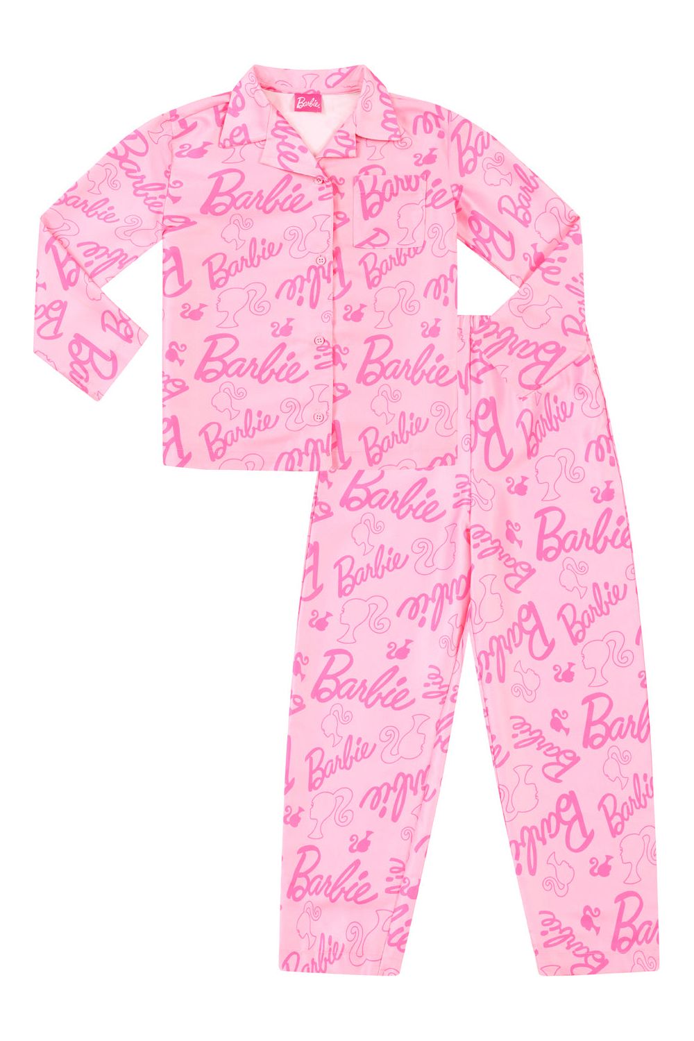 Girls Barbie Pyjamas Pink Satin Long PJs - Main Image