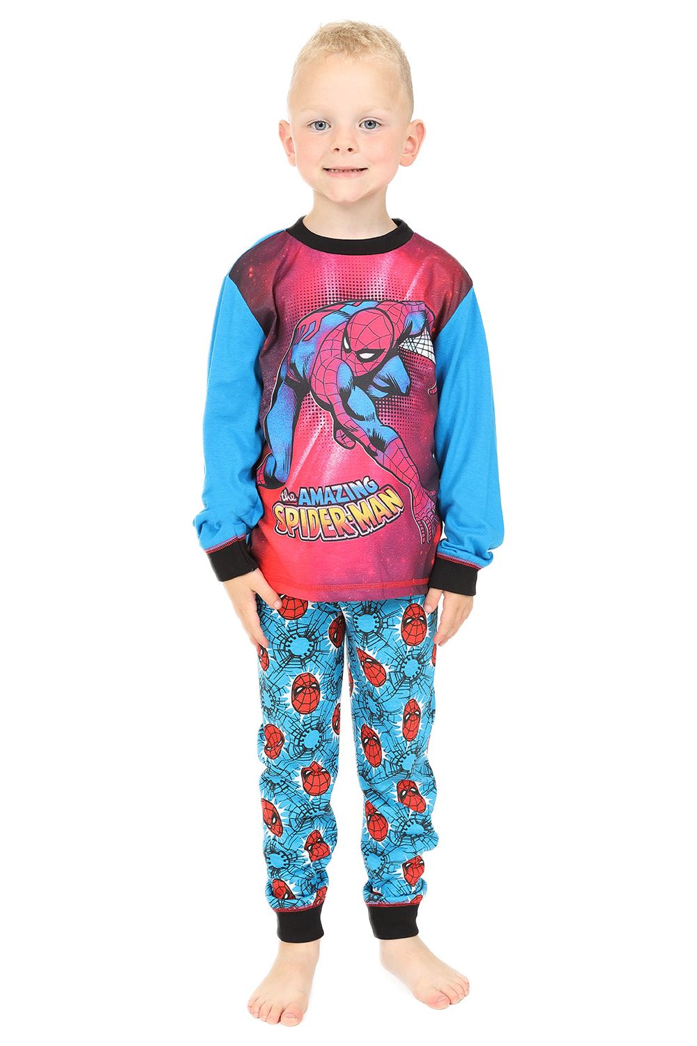 Boys Official Marvel Spiderman Blue Red Long Pyjamas