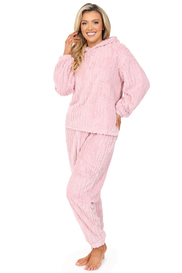 Womens Pink Stripe Jacquard Fleece Lounge Set Ladies Pyjamas