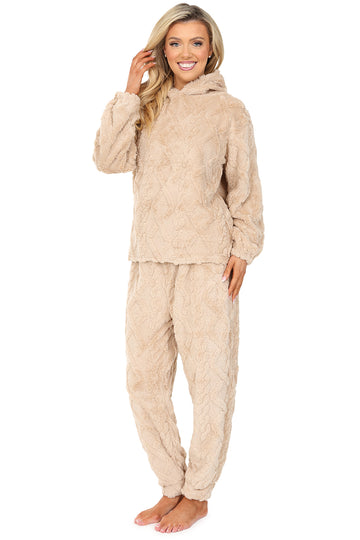 Womens Beige Cable Jacquard Fleece Lounge Set Ladies Pyjamas