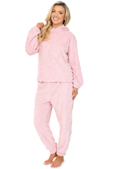 Womens Pink Cable Jacquard Fleece Lounge Set Ladies Pyjamas