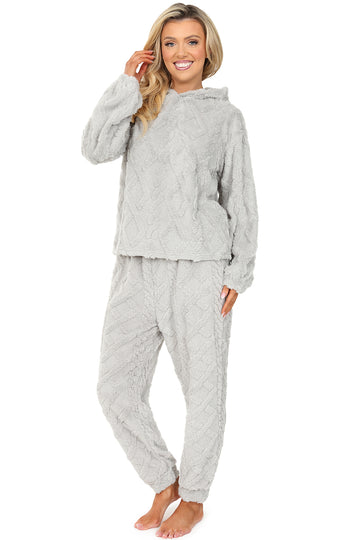 Womens Grey Cable Jacquard Fleece Lounge Set Ladies Pyjamas
