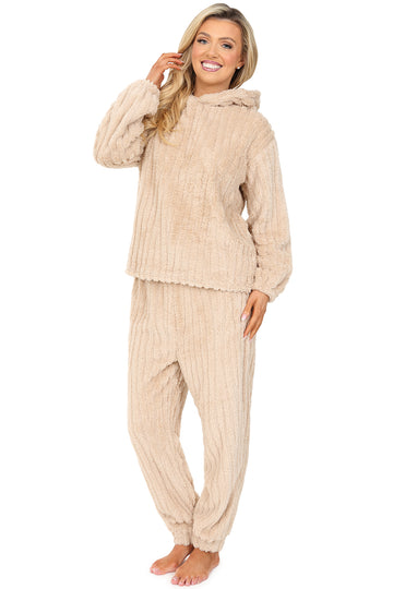 Womens Beige Stripe Jacquard Fleece Lounge Set Ladies Pyjamas