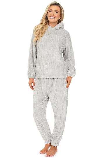Womens Grey Stripe Jacquard Fleece Lounge Set Ladies Pyjamas