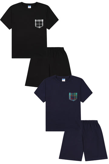 Boys Navy Black Check Pocket 2 Pack Short Pyjamas PJs For Kids