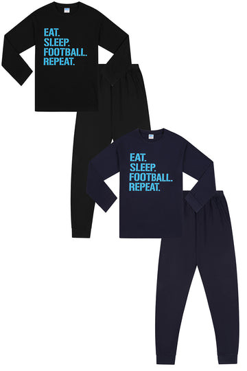 Eat Sleep Football Repeat Long Black Navy 2 Pack Boys Pyjamas PJs For Kids