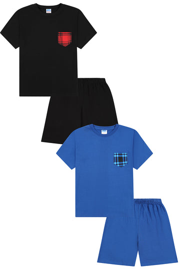 Boys Black Red Blue Check Pocket 2 Pack Short Pyjamas PJs For Kids