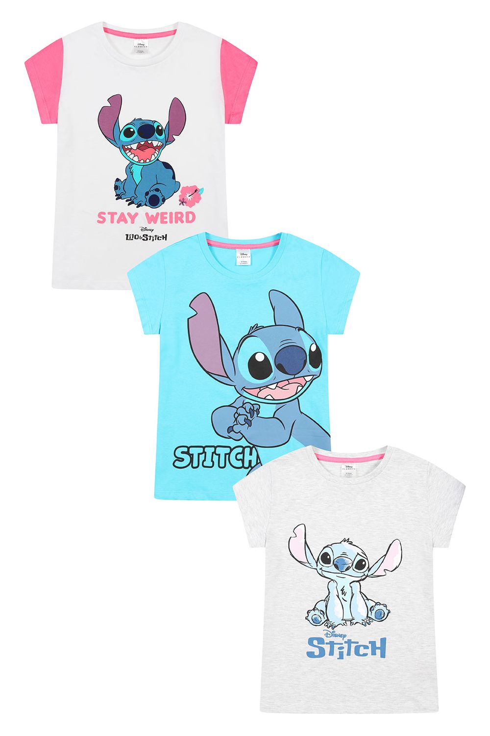 Disney Lilo & Stitch 3 Pack Girls T-Shirts Multipack Grey