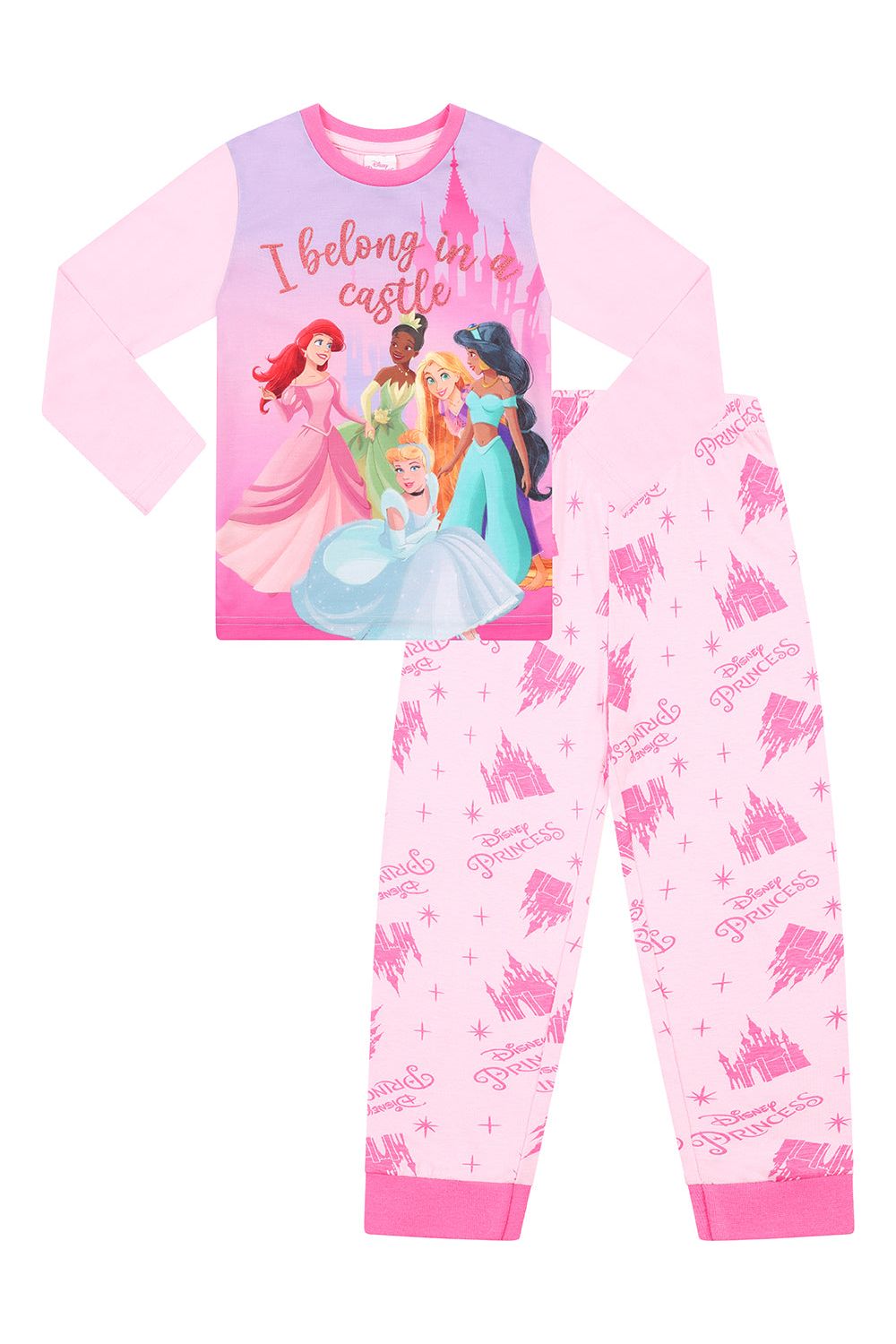 Pink Princess Pyjamas Girls Disney Princess 'I Belong In A Castle' Pyjamas Pink Long PJs