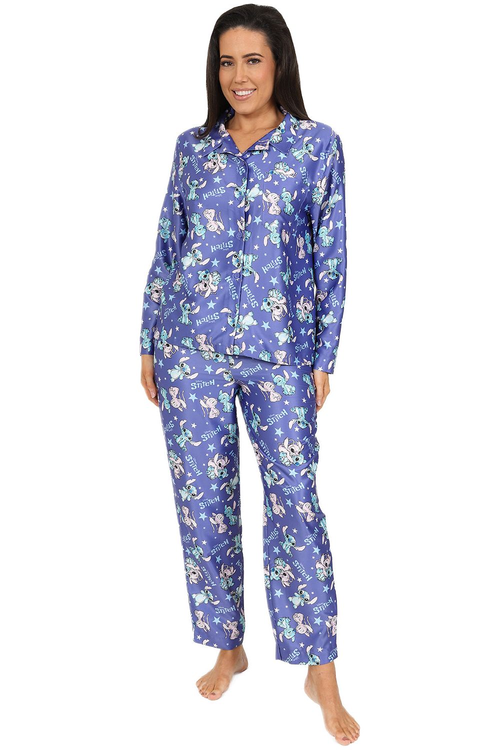 Women's Disney Stitch and Angel Long Purple Satin Silk Pyjama Set