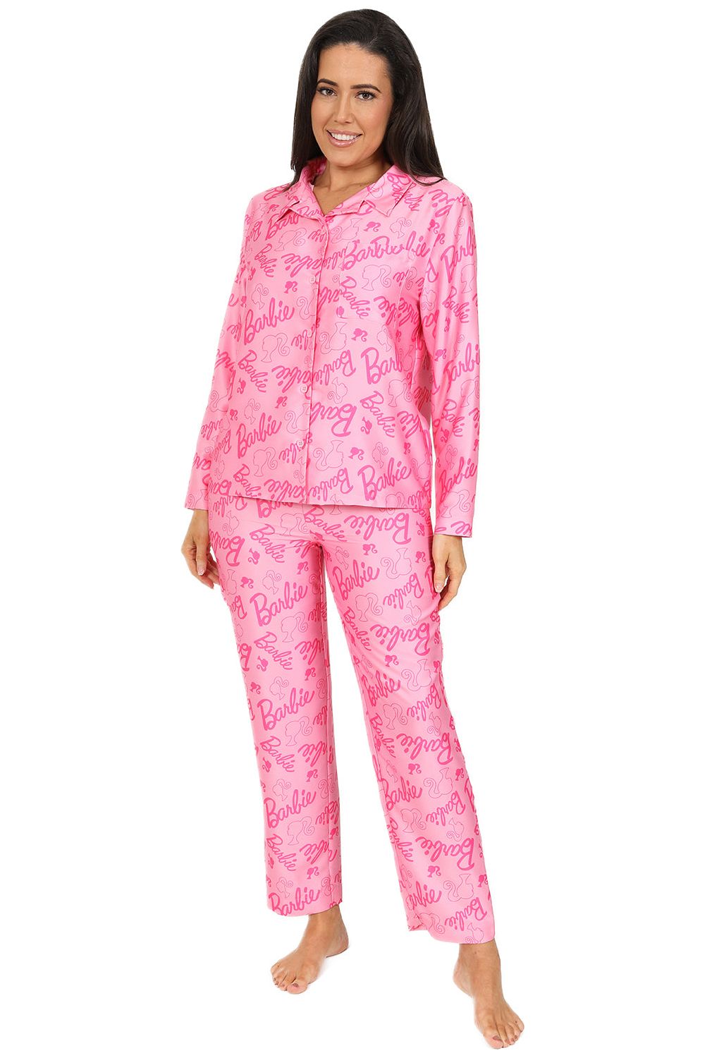 Women's Barbie Long Pink Satin Silk Pyjama Set
