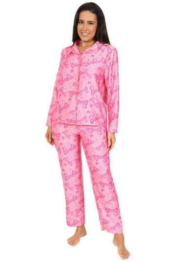 Women's Barbie Long Pink Satin Pyjama Set