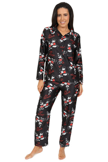 Women's Disney Mickey And Minnie Mouse Long Black Satin Pyjama Set
