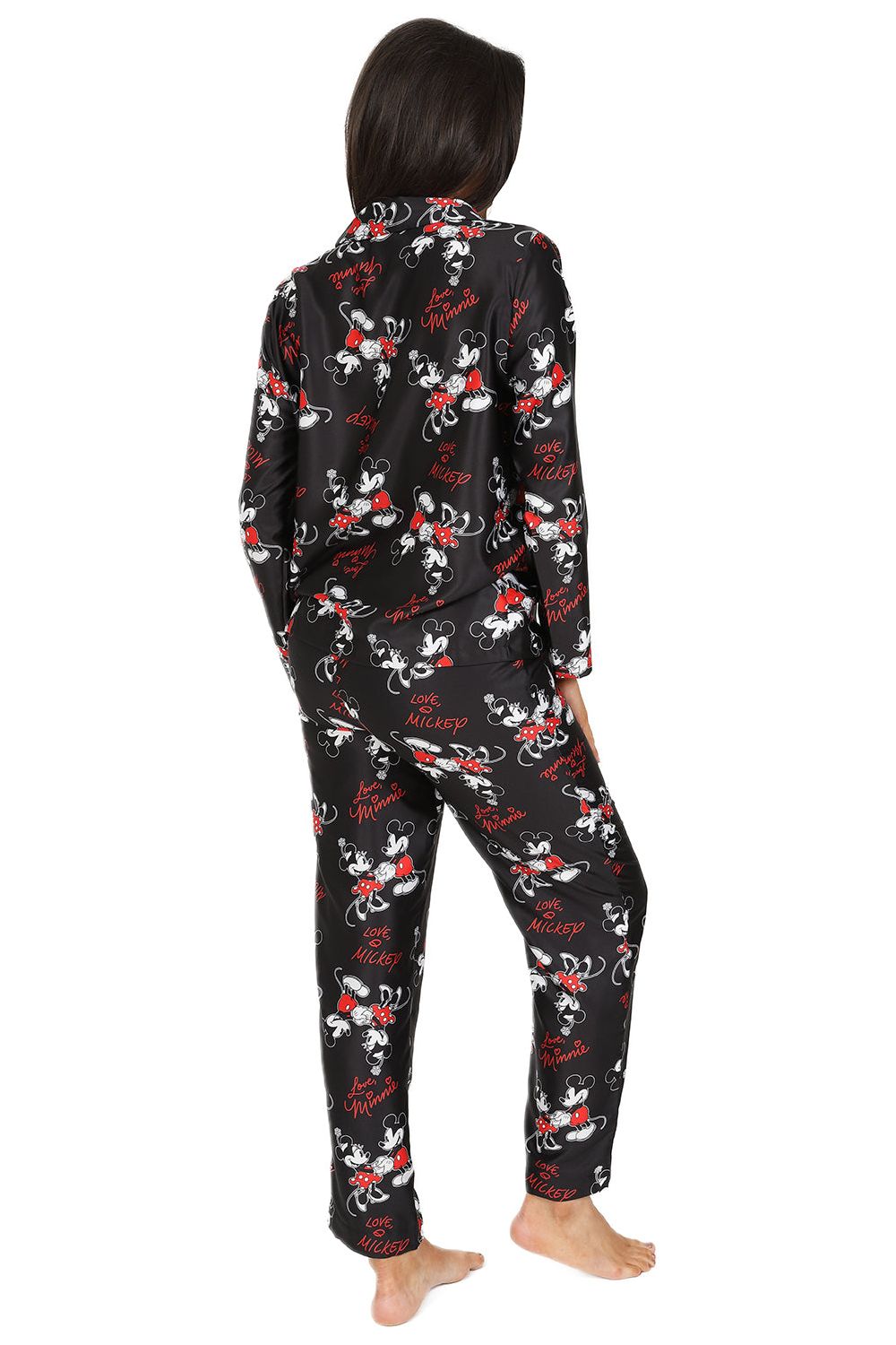 Disney Pyjamas Womens Disney Mickey And Minnie Mouse Pyjamas Black Satin Long PJs